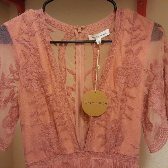 *SOLD* Honey Punch Pink Lace Romper Maxi Dress - Picture 4 of 5